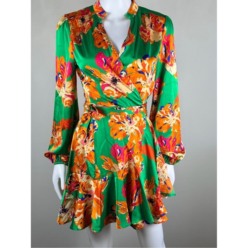 Dress Day Green Silky Feel Floral Wrap Mini Dress Vibrant Resort Tie Waist Small